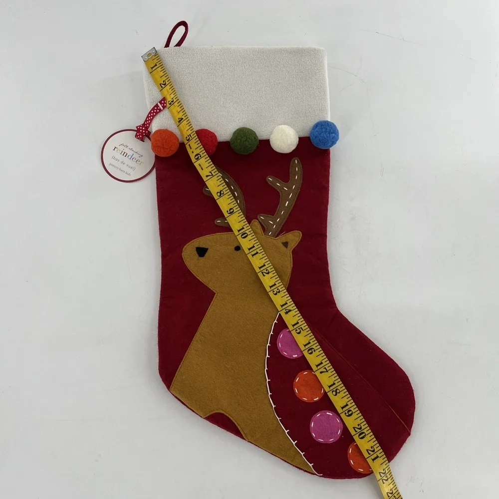 Rare‎ Pottery Barn Felt Christmas Stocking Reindeer Poms Fleece Cuff Stitch, 22